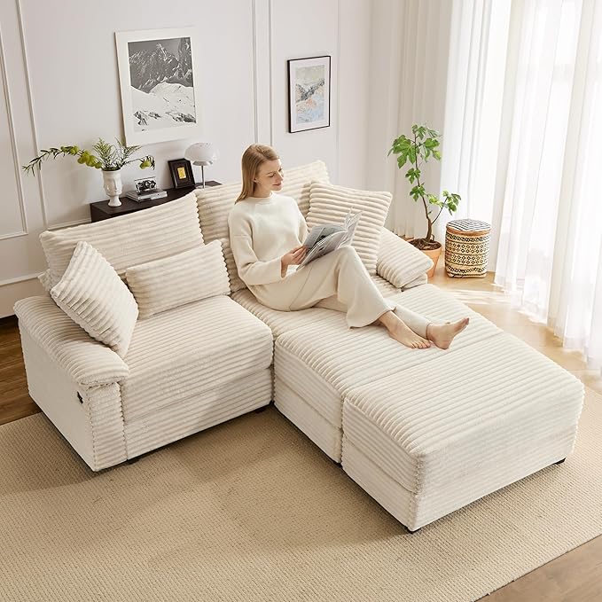 SUNWAVE 74 W Double Chaise Lounge Chair Indoor Oversized Loveseat with Storage Ottoman Corduroy Couch with USB Charging Removable Ottoman and Coffee Table Cushions for Living Room Bedroom