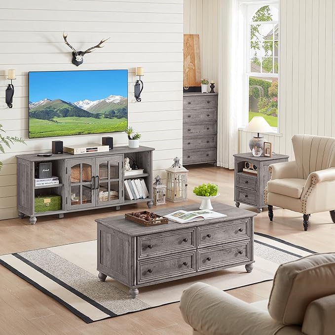Farmhouse TV Stand for 60 Inch TV Wood Entertainment Center with Adjustable Shelves &amp Glass Door Storage CabinetTelevision Stands for 65 TVSTV Console Table for Living RoomBedroomGrey