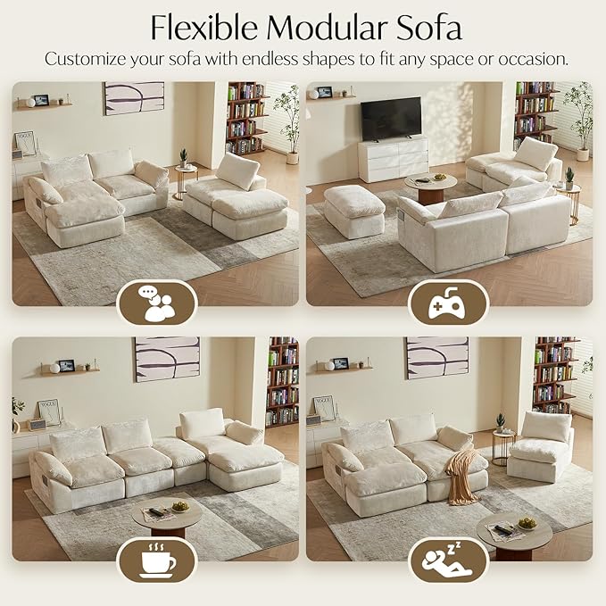 Vamcheer U Shaped Cloud Couch - Utra Soft Modular Sectional Sofa with 2 Movable Ottoman Deep Seat Boneless Couches for Living Room Bedroom Office No Assembly Required Beige