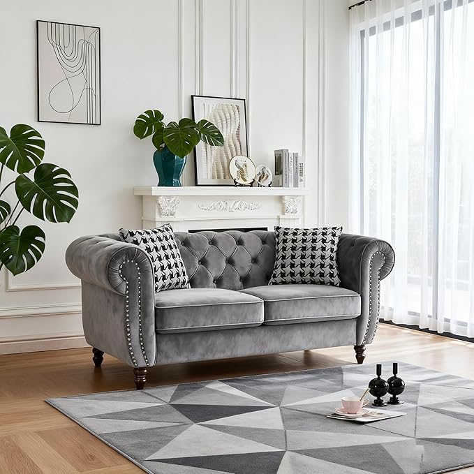Loveseat Velvet Fabric Two- Seater Couch Buckle Design and Rivet Decoration Deep Seated Double Sofa Suitable for Living Room Bedroom Apartment Hotel etc (gray-04)