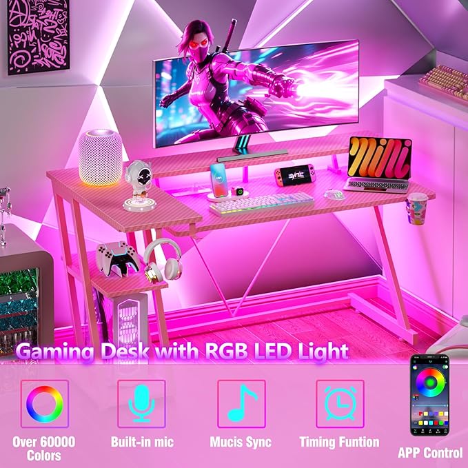 55 Inch Pink Gaming Desk with Power Outlet &amp LED Lights Corner Computer Desk with 3 Tiers Storage Shelves L Shaped Gaming Desk with Monitor Stand for Bedroom