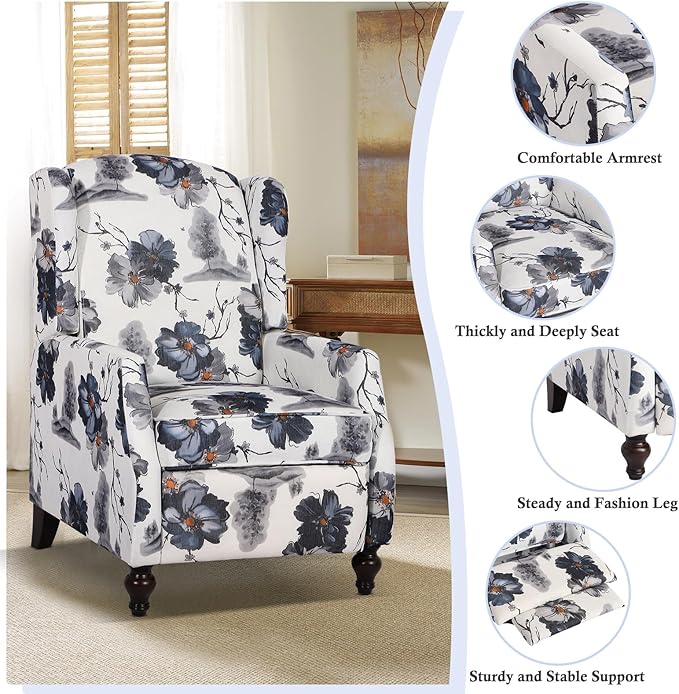 Set of 2 Wingback Recliner Chair - Tufted Arm Chair Recliner - Fabric Push Back Single Sofa for Living Room Adjustable Backrest (Blue Floral)