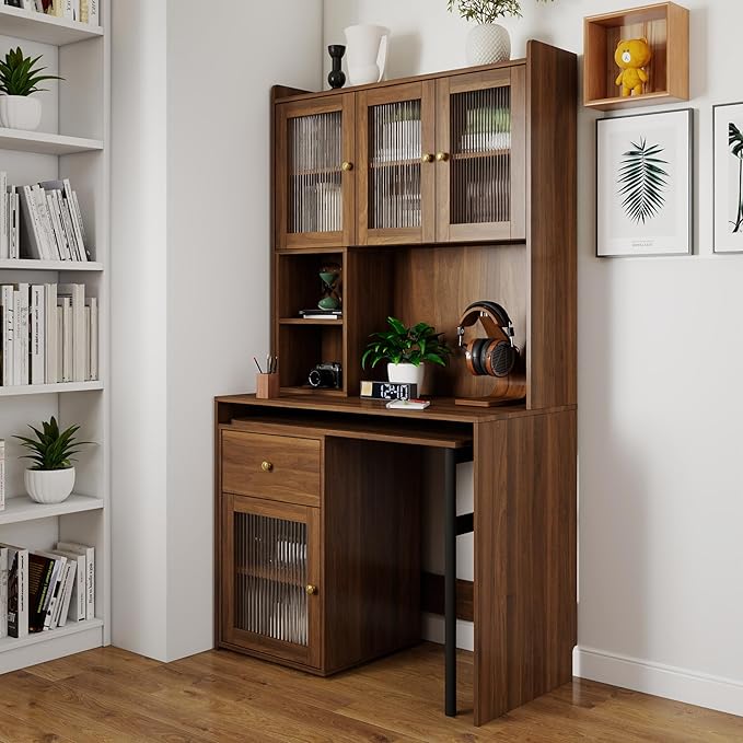 Computer Desk with 90 Degree Rotating Desktop Corner Home Office Desk with Storage Hutch and Drawers for Writing Gaming Bedroom Living Room Home Decor (Style-13)