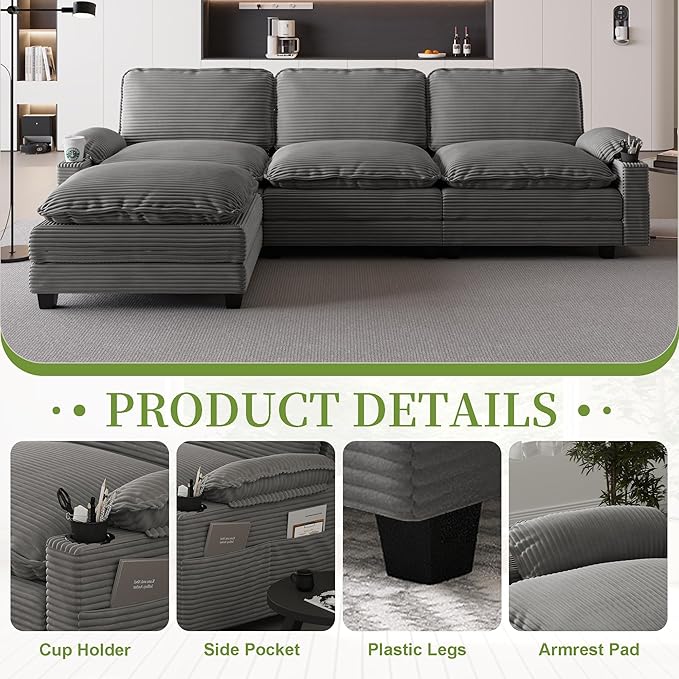 113 Cloud Sectional Couch Modular L Shaped Sofa with Movable Ottoman Comfy Corduroy Deep Seat Sofa with Cup Holders Storage Bags Couches for Living Room