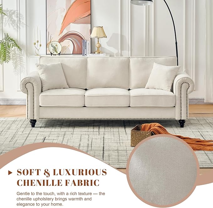TTK 86 Modern 3-Seater Sofa with Rolled Arms Chenille Upholstered Couch with Sturdy Wood Legs and Elegant Nailhead Trim Comfortable Living Room or Apartment Sofa for Small and Large Spaces Beige