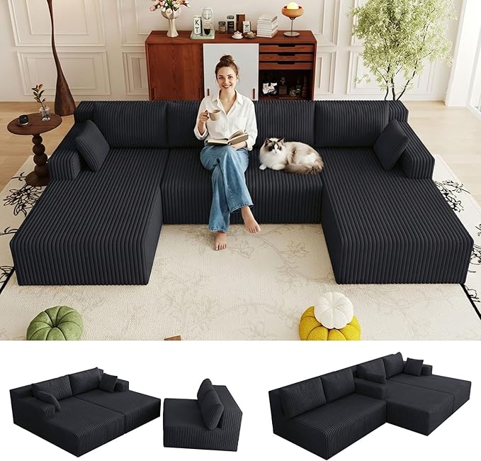 124 Corduroy U-Shaped Sectional Sofa Modern Modular Boneless 4-Seater Couch with 6 Pillows Upholstered Deep Seat DIY Cloud Sofa for Living Room No Assembly Required (Black)