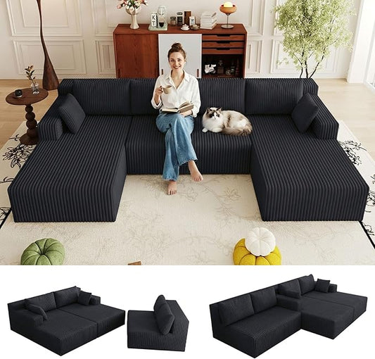 124 Corduroy U-Shaped Sectional Sofa Modern Modular Boneless 4-Seater Couch with 6 Pillows Upholstered Deep Seat DIY Cloud Sofa for Living Room No Assembly Required (Black)
