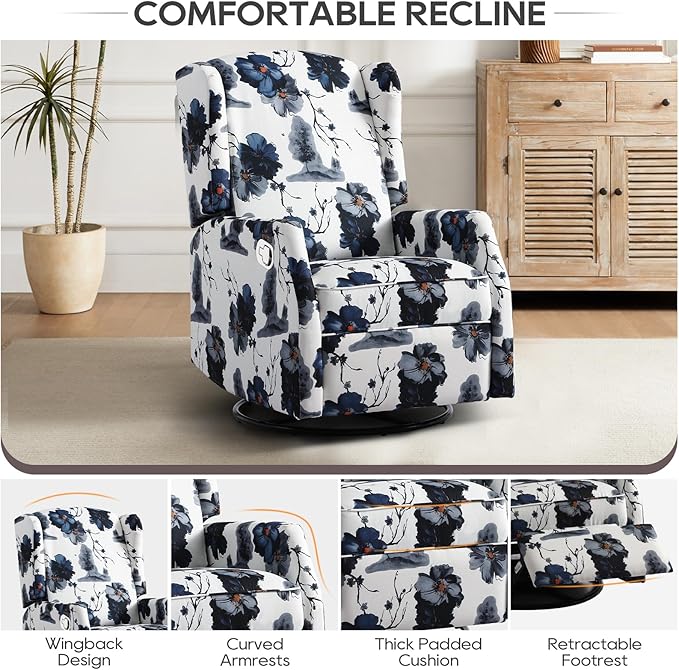 Floral Accent Swivel Rocker Recliner Wingback Recliner Chair with Padded Seat High Back Upholstered Armchair for Living Room Bedroom Home Ofiice Blue Ink Floral (Blue Ink Swivel)