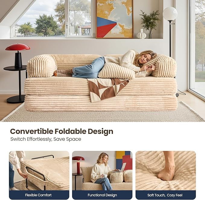 4-in-1 Folding Convertible Sleeper Sofa Bed81 Plush Corduroy Boneless Couch Pull Out BedsLoveseat Floor Futon for Small Spaces Living Room Bedroom ApartmentBeige