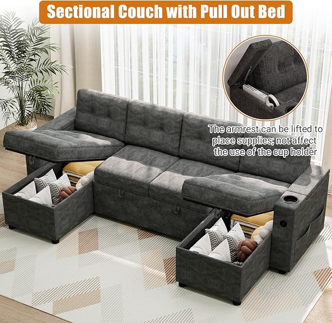 IDEALHOUSE U-Shaped Couches for Living Room Sofa Bed for Living Room with Reversible Storage Chaises and Hidden Storage Armrests Cup Holders and USB Charging Ports Included Dark Grey