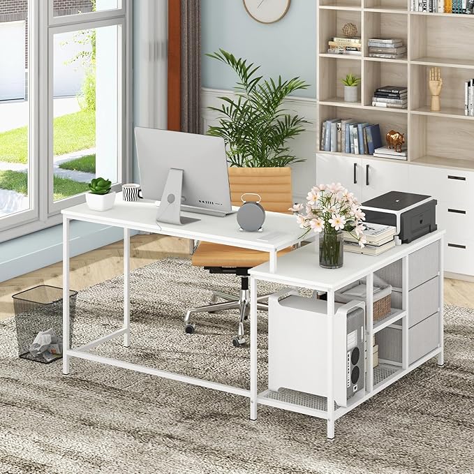 Tangkula 81 Inch L-Shaped Desk with Power Outlet Convertible Corner Desk with Drawers &amp Shelves Office Desk for Working Studying Gaming (White)