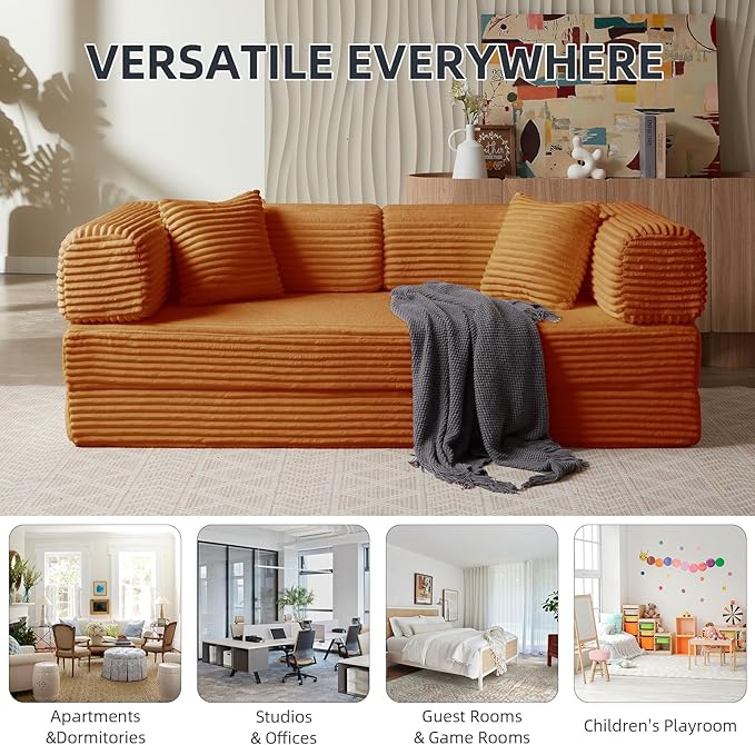 Convertible Folding Sofa BedFold Out Floor Sofa Couch with Fixed-Shape FrameCorduroy Foldable Mattress Cloud Couch for Living Room Bedroom (Orange 81 Inch)