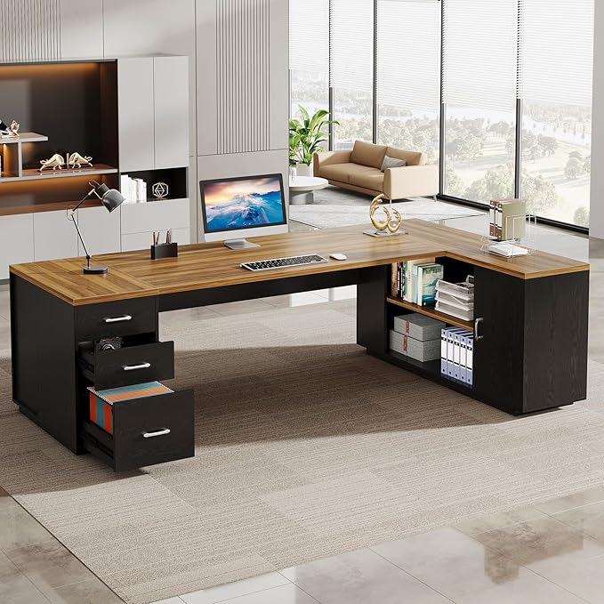 Tribesigns 85.8-Inch L-Shaped Executive Desk Extra Large Modern Office Desk with File Drawers Door Cabinet &amp Shelves Commercial Office Table Home Business Workstation Brown &amp Black