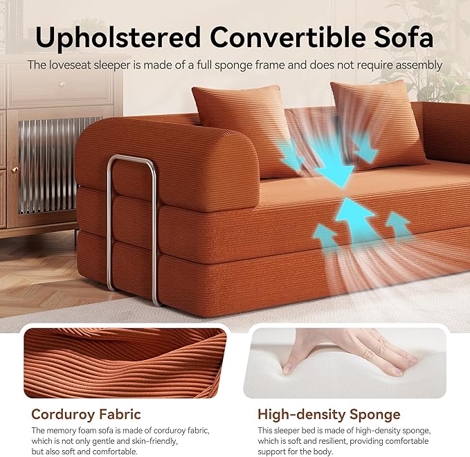 79 Folding Convertible Sofa Bed Boneless Couch for Living Room with Pull Out Bed ‌Convertible Sleeper Sofa Bed with Pillows - Corduroy Upholstered Modular Futon Couch for Bedroom Lounge (Orange)