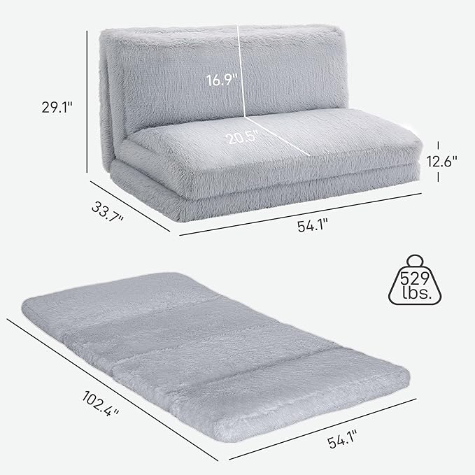 HOMCOM Bean Bag Chair Floor Sofa Bed for Adults Thick Long Folding Sofa Bed 54 x102 in Wall Couch Sleeper Chair Floor Mattress for Living Room Light Gray