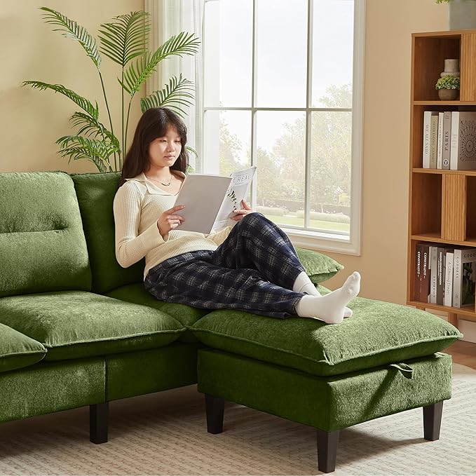 86'' Chenille Sofa with Storage Ottoman Modern Living Room Sofa with Removable Washable Cushion 3 Seater Comfy Couch for Apartment Bedroom Office (Green)