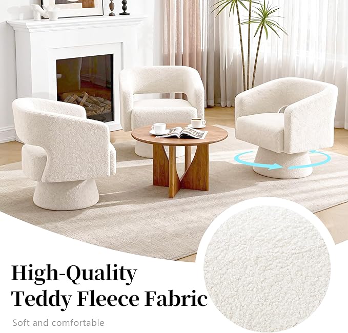 Accent Barrel Chair Set of 2 Modern Teddy Bear Velvet Club Chair 360° Swivel Degree Dressing Chair Suitable for Living Room Reading Room Bedrooms Office White