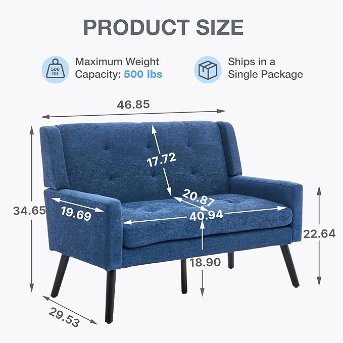 Mid-Century Modern 47 Small Loveseat &amp Accent Chair Combo Set Plush Linen Fabric with Button Tufted High Back &amp Solid Wood Legs for Apartment Living Room Bedroom Home Office (Blue 2-Piec