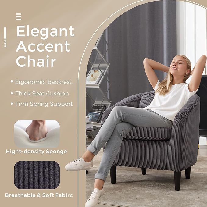Living Room Accent Barrel Chair Century Modern Style Decorative Chair Armchair for Living Room with Thick Cushions and Pillows Comfy Single Sofa Chair Chair with Wooden LegsDark Grey