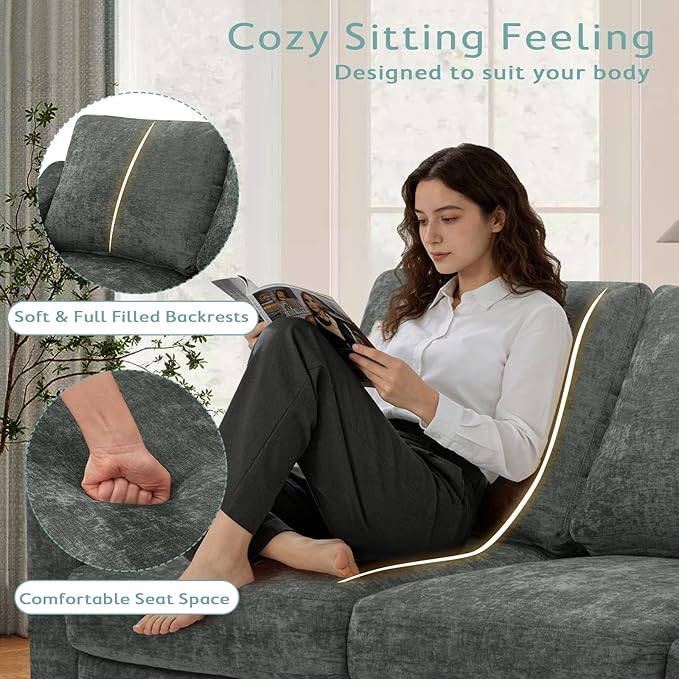 2 Pieces Chenille Sofa Set w/Soft Back Cushion &amp Curved Armrest Modern 2 Seat &amp 3 Seats Couch Set w/Deep Seat Space Upholstered Love Seat &amp Sofa w/High Density Foam for Living Room Grey