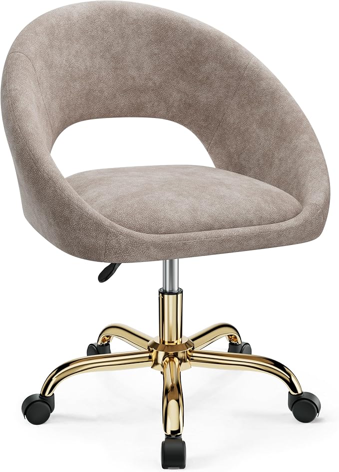 Vanity Chair with Wheels Waterproof Modern Makeup Vanity Chairs with Back Adjustable Height Comfy Cute Home Office Desk Chairs for Bedroom Living Room (Khaki)