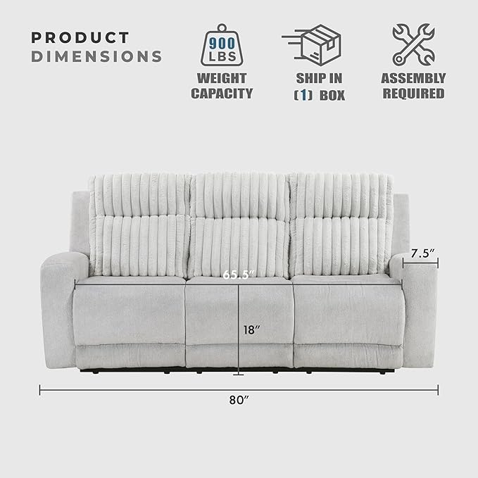 Lexicon Modern Double Recliner Couch Manual Wall Hugger Textured Microfiber Reclining Sofa Plush Corduroy Channel Seat Back Manual Recliner Sofa Light Gray