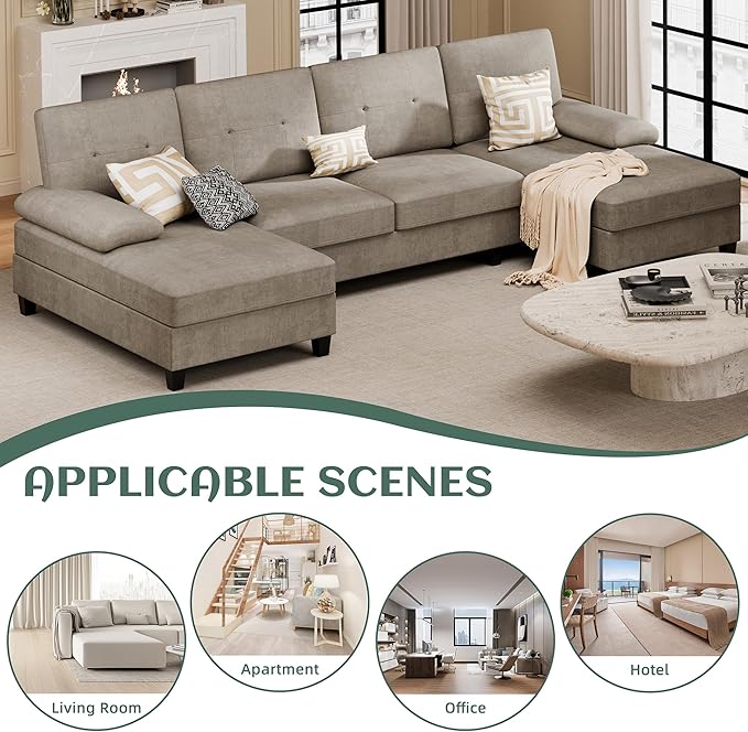 Vongrasig Sectional Couch for Living Room U-Shaped Sofa with Chaise 4-seat Large Sectional Modern Couches for Living Room Apartment (Khaki)