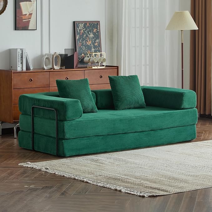 Convertible Sleeper Sofa Bed Compression Folding Sofa with Pillow No Assembly Required Shape Frame Floor Sofas Lounge Couch for Living Room Bedroom Small Spaces(Corduroy 77''W Dark Green)