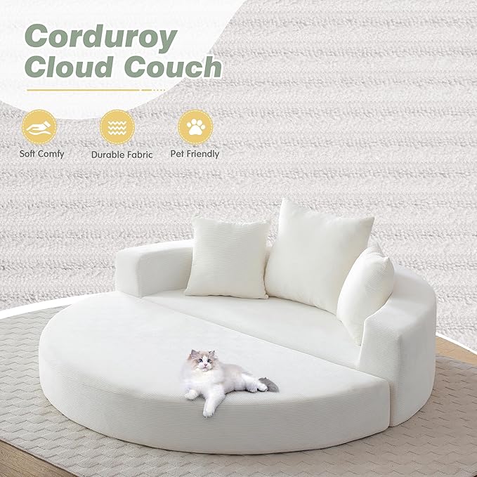 TTK 67” Oversized Round Sofa Bed 2 in 1 Convertible Circle Bed Folding Futon Lazy Floor Round Chaise Lounge Chair Comfy Corduroy Boneless Loveseat Couch for Living Room Apartment No Assembly (Beige)