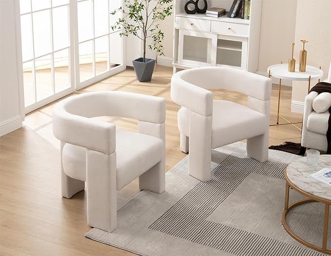 Modern Barrel Accent Chairs Set of 2 Beige Fabric Upholstered Armchairs Comfy Living Room Chairs Side Sitting Chairs for Bedroom Reading