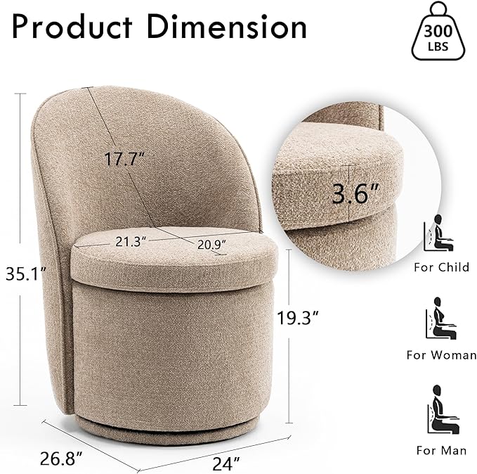 Rowill 360 Degree Swivel Vanity Chair with Back Set of 2 Modern Round Upholstered Accent Chairs Boucle Fabric for Living Room Reading Nook Makeup &amp Vanity Chair Easy Assembly Coffee