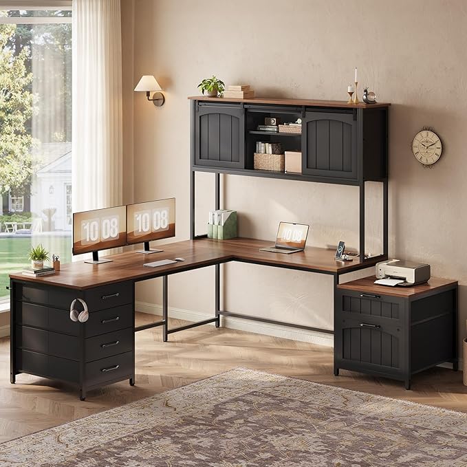 SEDETA Farmhouse L Shaped Office Desk with 6 Drawer Reversible Computer Desk with Power Outlet Hutch for Home Office/Two Person Corner Desk with File Drawer &amp Printer Storage Shelves Black