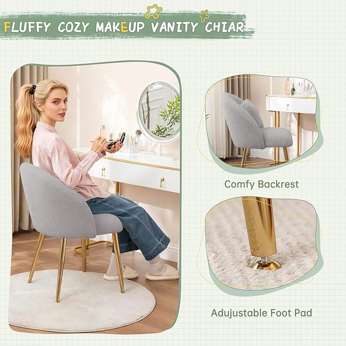Vanity ChairAccent Makeup Comfy Cute Desk Girls Fluffy Chairs for Bedroom No Wheels Gold Metal Legs Stool (Teddy Grey)