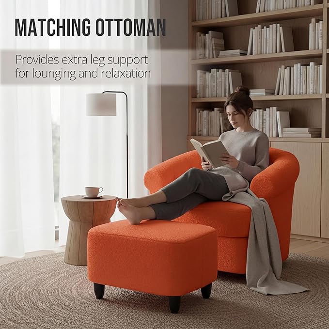 Barrel Swivel Accent Chair - Modern Comfy Boucle Armchair with Ottoman Round Upholstered Sofa Lounge Chairs Set for Living Room Bedroom Reading Corner Small Spaces (Orange)