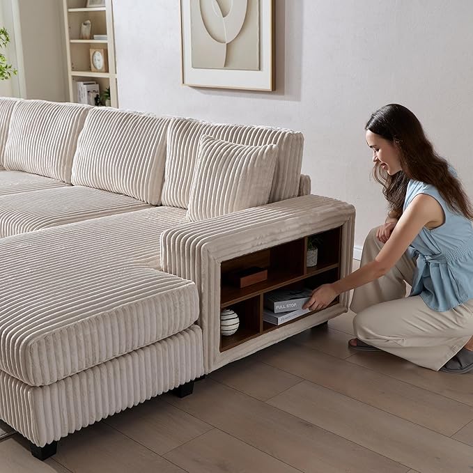 79.5 Oversized Double Chaise Lounge Chair Indoor Modern Upholstered Sleeper Sofa Bed with 2 Storage Armrests &amp Throw Pillows Comfy Fluffy Corduroy Couch for Living Room (Beige 79.5 Double Cha