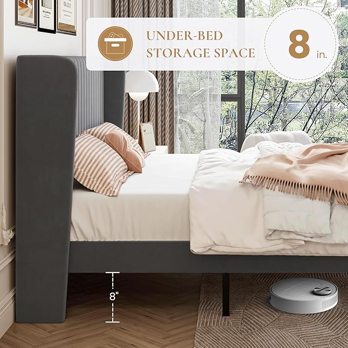 SHA CERLIN Queen Size Velvet Bed Frame with Vertical Channel Tufted Wingback Headboard Upholstered Platform Bed with Wood Slats No Box Spring Needed Easy Assembly Grey