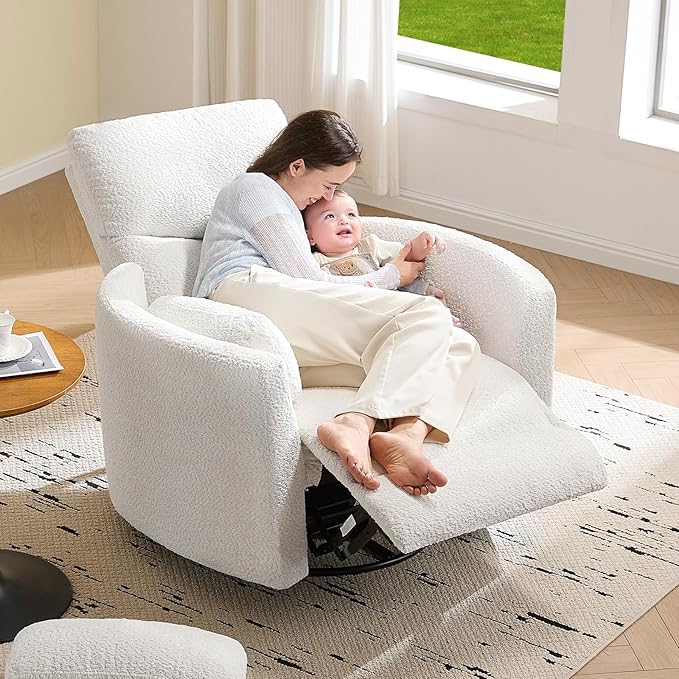 Jocisland Power Recliner Nursery Chair for Adults Electric Swivel Rocking Glider with USB &amp Type-C Charge Teddy Sherpa Armchair with 2 Pillows Cozy Reclining Sofa for Living Room Bedroom Whit
