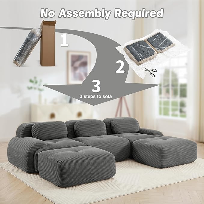 116.1 Modular Sectional Sofa Boneless Cloud Couch 3-Seater Deep Seat Cloud Couch Luxury Corduroy Fabric Sofa for Living Rooms Bedrooms Apartment (Grey 116.1inch+2Ottoman)