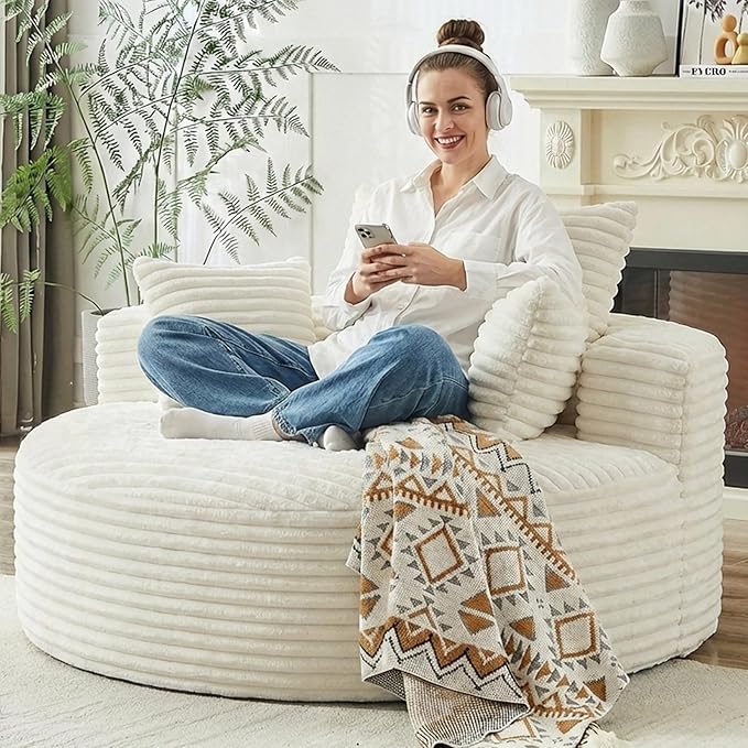 55 L Corduroy Sponge Single Sofa Oversized Round Chair Fluffy Modern Sleeper Chairs for Living Room Lounge and Projection Room Wide Armrest Lounge Chairs Armchair with Pillow White