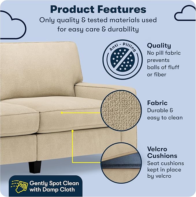 Serta Palisades 73 Track Arm Sofa Easy Care Polyester Soft Pillow Back Pocket Coil Seat Cushions Removable Covers Loveseat or Couch for Small Spaces Living Rooms or Bedrooms Sand Beige