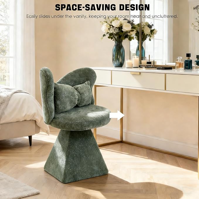 KEIKI Chenille Vanity Chair with Butterfly Back 360° Swivel Armless Accent Chair Upholstered Single Sofa for Living Room Bedroom Dining Vanity Green