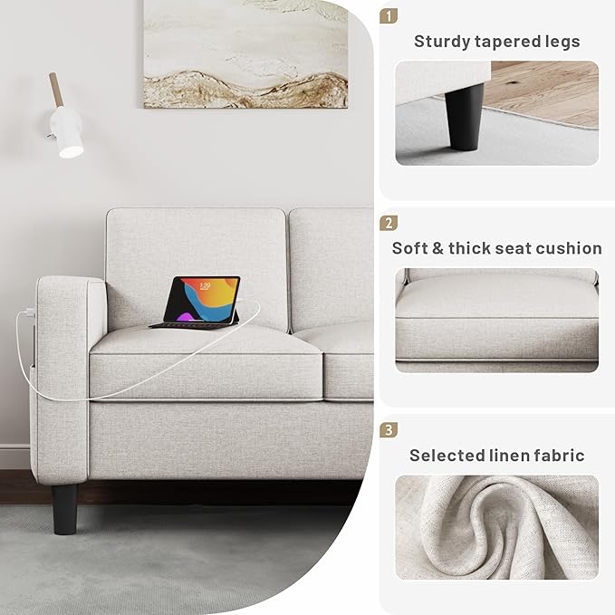 Sectional Couches for Living Room - Convertible 3 Seater L Shaped Couch with Storage Ottoman USB Charging Port - Beige Modern Linen Fabric Sofas Furniture Set for Apartment Loft Studio Small Space | U