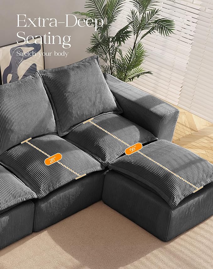 107 Boneless Comfortable Couch with Chaise L Shaped Modular Sectional Couches for Living Room Grey Corduroy Sofas with Ottoman Compressed Sofa in a Box No Assembly Required