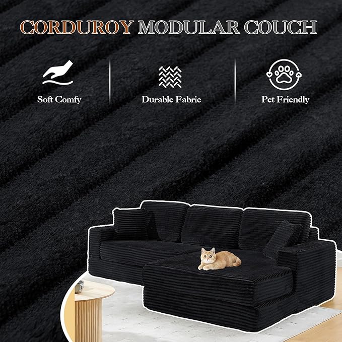 112.6 Oversized Fold Out Couch Bed King 3 in 1 Convertible Modern L Shape Cloud Modular Sectional Comfy Boneless Foam Couch Futon for Living Room No Assembly(Black CorduroyRight Facing Chaise)
