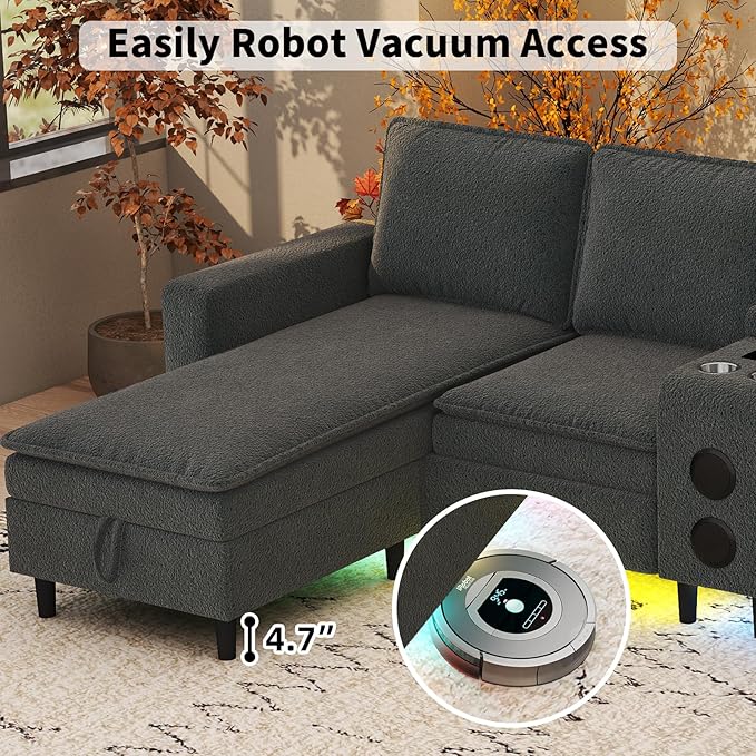 Sectional Couches for Living Room 6 Seat Sectional Sofa with Bluetooth Speaker/RGB Light/Charging Station Teddy Fleece U Shaped Couch with Storage Ottoman and Reversible Chaise Lounge - Dark Grey