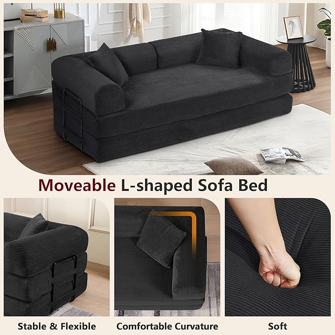 JJJ 63 inch Sofa Bed 4-in-1 Boneless Convertible Corduroy Sleeper Folding Couch with Fixed-Shape Frame and 2 Futons No Assemble Required 3 Seater Upholstered for Living Room (Black 63 inch)