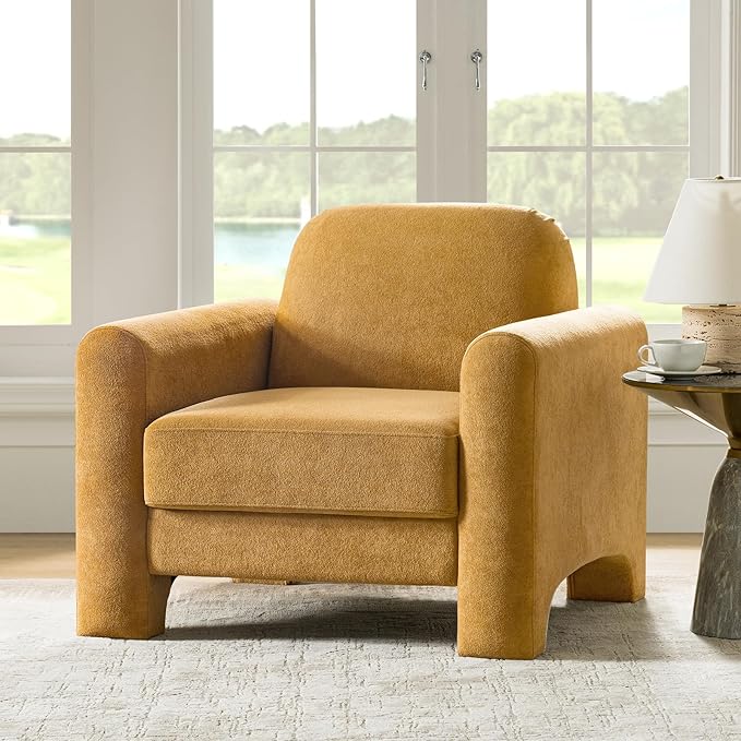 HULALA HOME Modern Curved Accent Club Chair Chenille Armchair Upholstered Sofa Chair with Wrapped Armrests Comfy Reading Armchair for Living Room Easy Assembly Camel