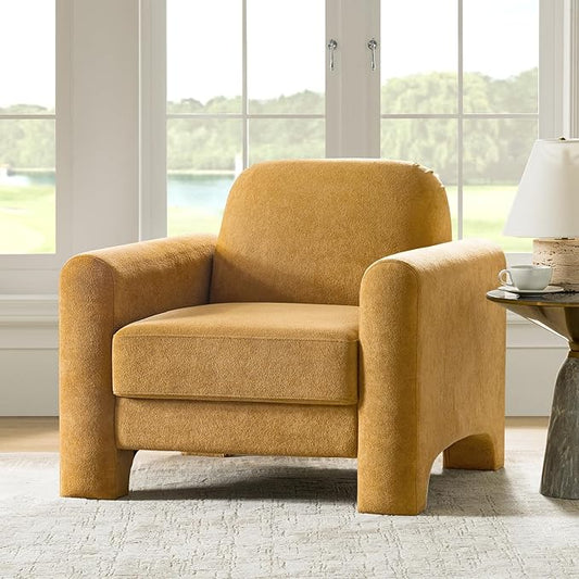 HULALA HOME Modern Curved Accent Club Chair Chenille Armchair Upholstered Sofa Chair with Wrapped Armrests Comfy Reading Armchair for Living Room Easy Assembly Camel