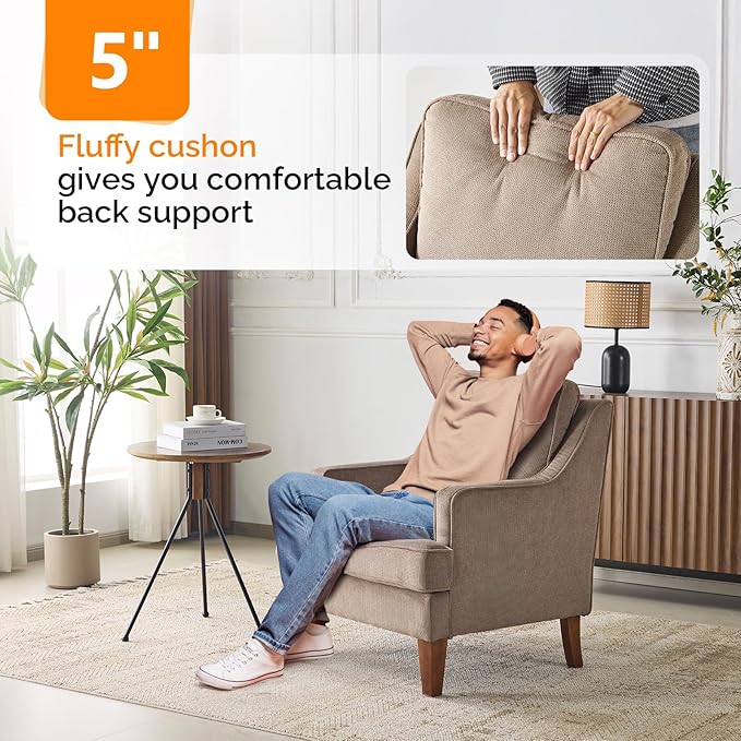 VINGLI Mid-Century Accent Chairs Set of 2 Light Brown Upholstered Armchair Comfy Sofa Chairs Reading Chair High Back Living Room Bedroom Furniture for Apartment