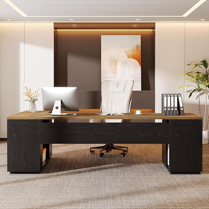 Tribesigns 85.8-Inch L-Shaped Executive Desk Extra Large Modern Office Desk with File Drawers Door Cabinet &amp Shelves Commercial Office Table Home Business Workstation Light Brown &amp Black